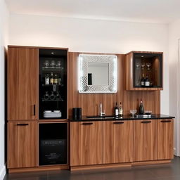 A bar cabinet made of walnut wood and black accents, approximately 2