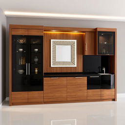 A bar cabinet made of walnut wood and black accents, approximately 2