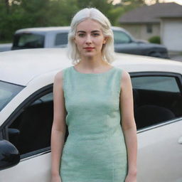 Full-length interior photo of a 30-year-old girl of average build, with white hair, standing near a car. Her long square proportional facial features include a small smooth nose, cheek dimples, bow lips, large black eyebrows, smooth medium green eyes, and swarthy skin