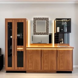 A modern bar cabinet made of walnut wood and black accents, approximately 2