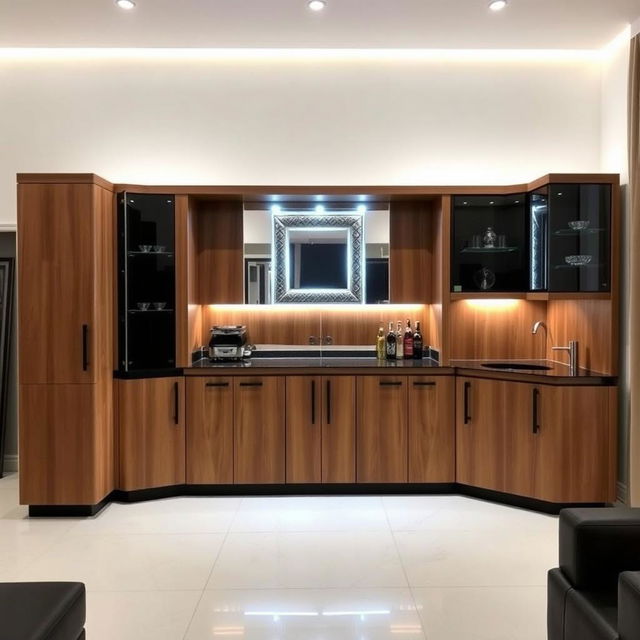 A modern bar cabinet made of walnut wood and black accents, approximately 2