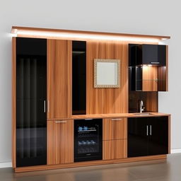 A modern bar cabinet made of walnut wood and black accents, approximately 2