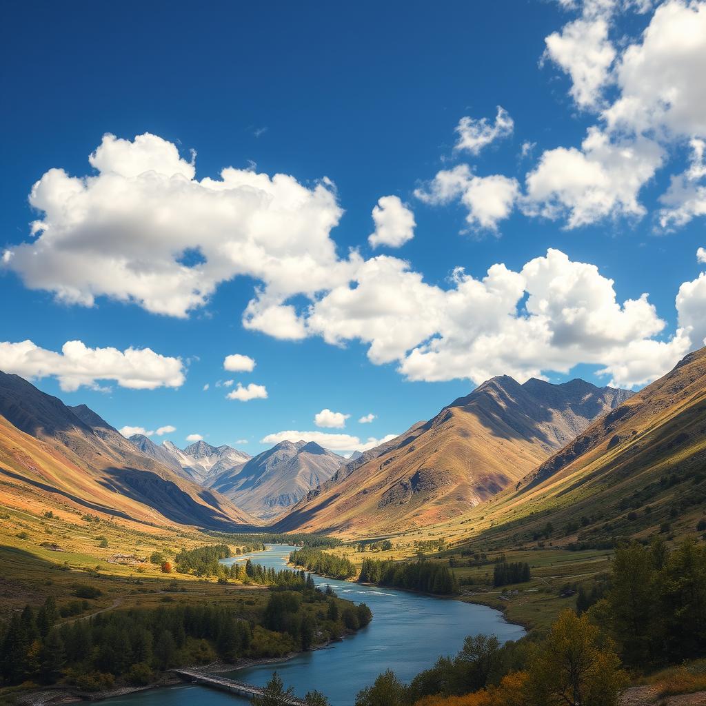 A beautiful landscape featuring mountains, a river, and a clear blue sky with fluffy white clouds