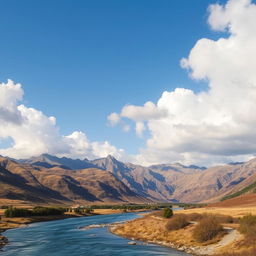 A beautiful landscape featuring mountains, a river, and a clear blue sky with fluffy white clouds