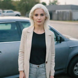 Full-length interior photo of a 30-year-old girl of average build, with white hair, standing near a car. Her long square proportional facial features include a small smooth nose, cheek dimples, bow lips, large black eyebrows, smooth medium green eyes, and swarthy skin