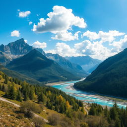 A beautiful landscape featuring mountains, a river, and a clear blue sky with fluffy white clouds