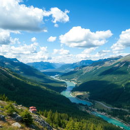 A beautiful landscape featuring mountains, a river, and a clear blue sky with fluffy white clouds