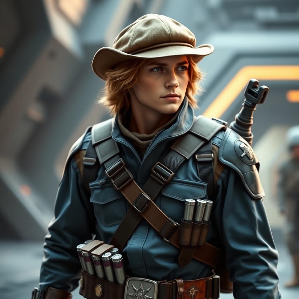 A Star Wars character, a bounty hunter with light brown hair and a mountain hat, wearing a bulletproof suit in a bluish tone, a leather and metal belt holding pistol cartridges, and a jetpack on their back, standing in a futuristic setting