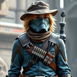 A Star Wars character, a bounty hunter with light brown hair and a mountain hat, wearing a bulletproof suit in a bluish tone, a leather and metal belt holding pistol cartridges, and a jetpack on their back, standing in a futuristic setting