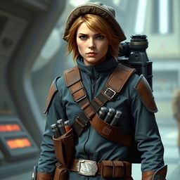 A Star Wars character, a bounty hunter with light brown hair and a mountain hat, wearing a bulletproof suit in a bluish tone, a leather and metal belt holding pistol cartridges, and a jetpack on their back, standing in a futuristic setting