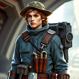 A Star Wars character, a bounty hunter with light brown hair and a mountain hat, wearing a bulletproof suit in a bluish tone, a leather and metal belt holding pistol cartridges, and a jetpack on their back, standing in a futuristic setting