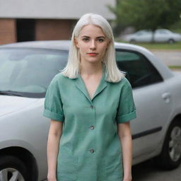 Full-length interior photo of a 30-year-old girl of average build, with white hair, standing near a car. Her long square proportional facial features include a small smooth nose, cheek dimples, bow lips, large black eyebrows, smooth medium green eyes, and swarthy skin