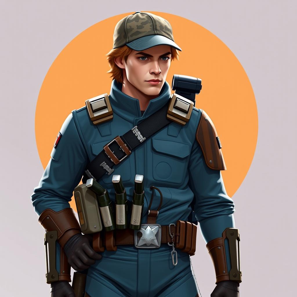 A Star Wars character, a bounty hunter, male, with light brown hair and a mountain sports cap, wearing a bulletproof suit in a bluish tone, a leather and metal belt holding pistol charges, a jetpack on his back, black pants, and a small silver chain hanging from the belt