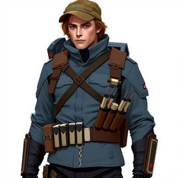 A Star Wars character, a bounty hunter, male, with light brown hair and a mountain sports cap, wearing a bulletproof suit in a bluish tone, a leather and metal belt holding pistol charges, a jetpack on his back, black pants, and a small silver chain hanging from the belt