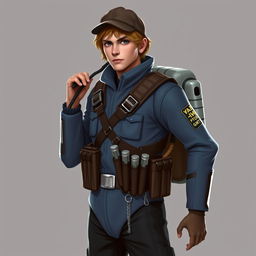 A Star Wars character, a bounty hunter, male, with light brown hair and a mountain sports cap, wearing a bulletproof suit in a bluish tone, a leather and metal belt holding pistol charges, a jetpack on his back, black pants, and a small silver chain hanging from the belt