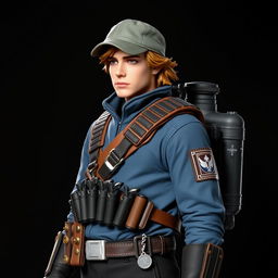 A Star Wars character, a bounty hunter, male, with light brown hair and a mountain sports cap, wearing a bulletproof suit in a bluish tone, a leather and metal belt holding pistol charges, a jetpack on his back, black pants, and a small silver chain hanging from the belt