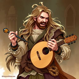 A human male bard from Dungeons & Dragons, with long flowing hair, playing a musical instrument loudly