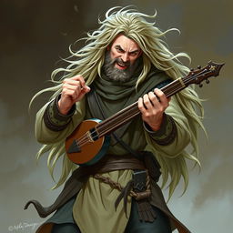 A human male bard from Dungeons & Dragons, with long flowing hair, playing a musical instrument loudly