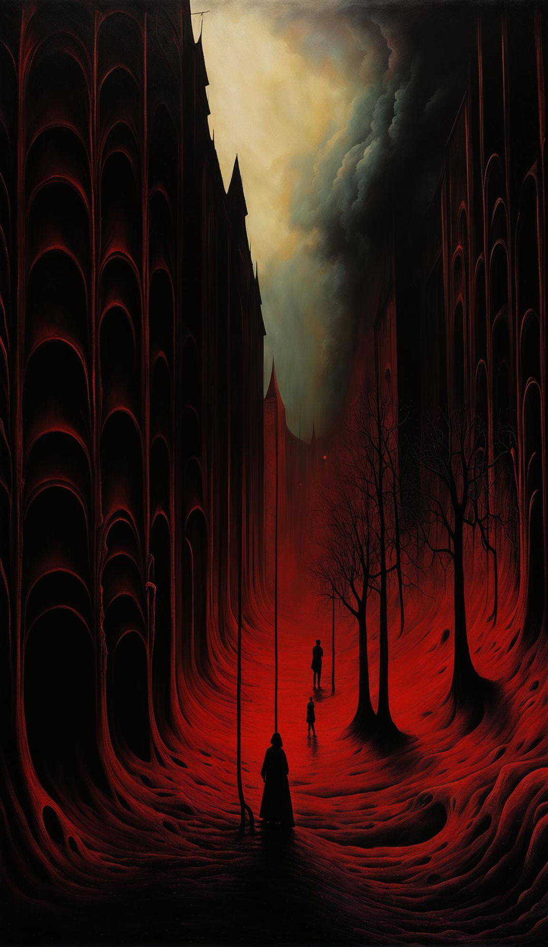 Surreal painting in Zdzisław Beksiński style depicting Troxler effect with blurred figure in an otherworldly landscape.