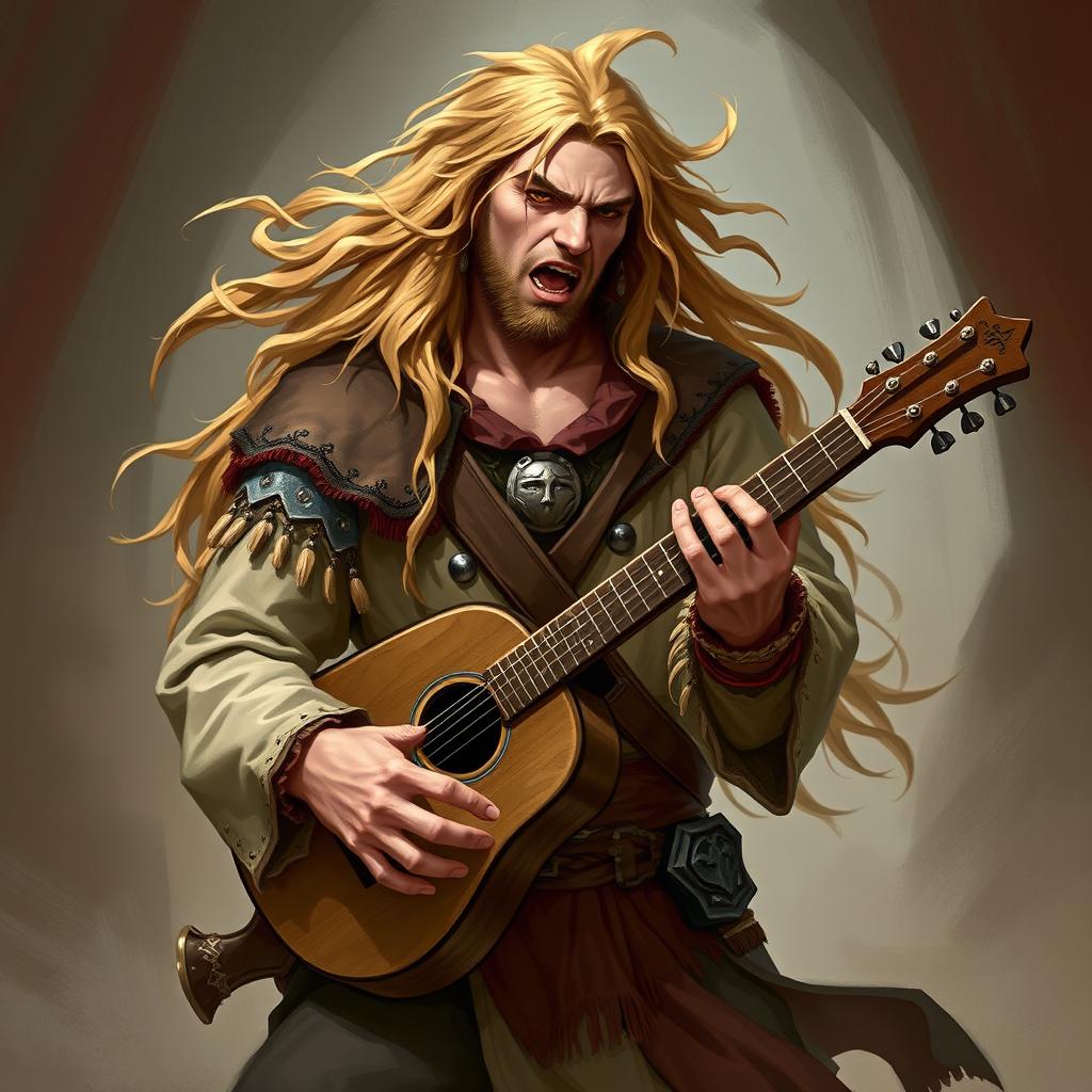 A human male bard from Dungeons & Dragons, with long flowing hair, playing a musical instrument loudly