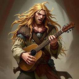 A human male bard from Dungeons & Dragons, with long flowing hair, playing a musical instrument loudly