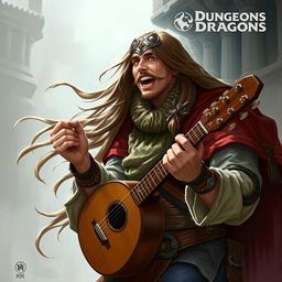 A human male bard from Dungeons & Dragons, with long flowing hair, playing a musical instrument loudly