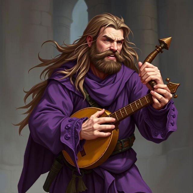 A human male bard from Dungeons & Dragons, wearing purple clothing, playing a musical instrument loudly