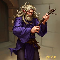 A human male bard from Dungeons & Dragons, wearing purple clothing, playing a musical instrument loudly