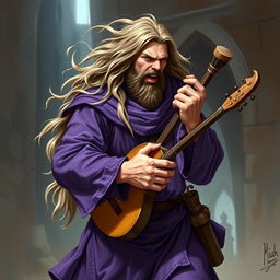 A human male bard from Dungeons & Dragons, wearing purple clothing, playing a musical instrument loudly