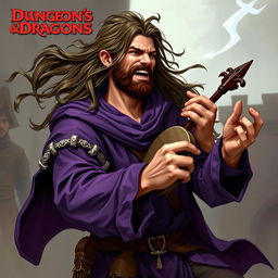 A human male bard from Dungeons & Dragons, wearing purple clothing, playing a musical instrument loudly