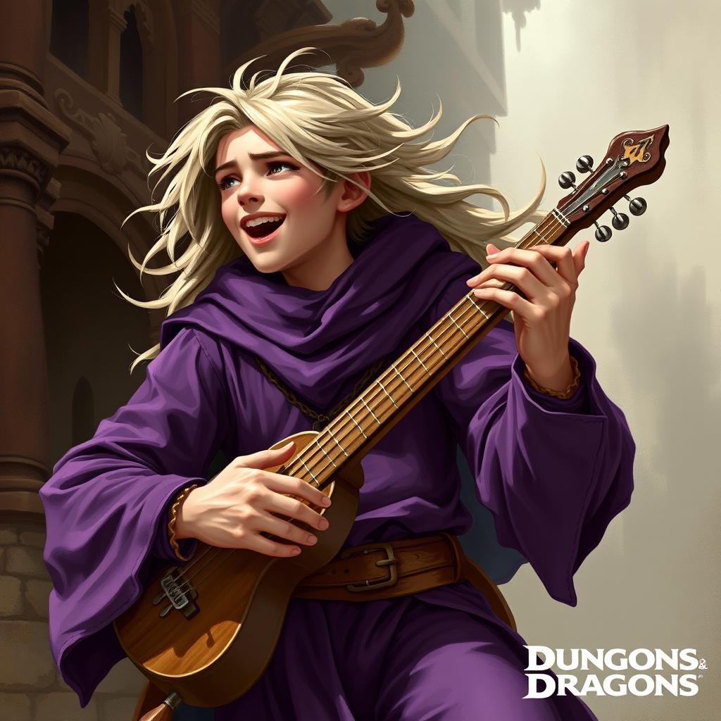 A young human male bard from Dungeons & Dragons, wearing purple clothing, playing a musical instrument loudly