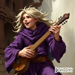 A young human male bard from Dungeons & Dragons, wearing purple clothing, playing a musical instrument loudly