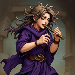 A young human male bard from Dungeons & Dragons, wearing purple clothing, playing a musical instrument loudly