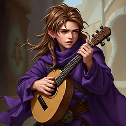 A young human male bard from Dungeons & Dragons, wearing purple clothing, playing a musical instrument loudly