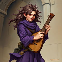 A young human male bard from Dungeons & Dragons, wearing purple clothing, playing a musical instrument loudly