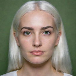 Full-length interior photo of a 30-year-old girl of average build, with white hair, showcasing long square proportional facial features, including a small smooth nose, cheek dimples, bow lips, large black eyebrows, smooth medium green eyes, and swarthy skin