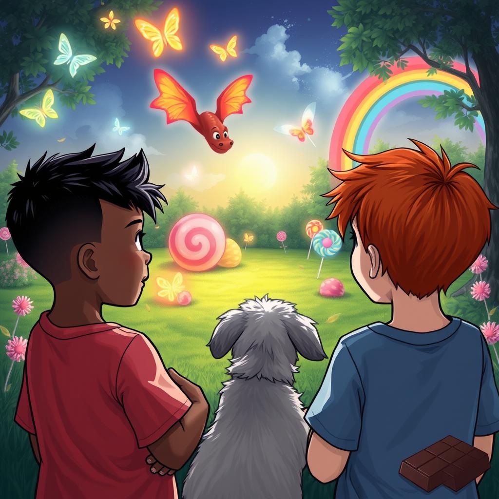 Two 8-year-old boys, one with dark skin and a haircut with sides shaved, and the other a redhead, with a small white dog, looking into a magical backyard