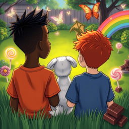 Two 8-year-old boys, one with dark skin and a haircut with sides shaved, and the other a redhead, with a small white dog, looking into a magical backyard