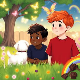 Two 8-year-old boys, one with dark skin and a haircut with sides shaved, and the other a redhead, with a small white dog, looking into a magical backyard