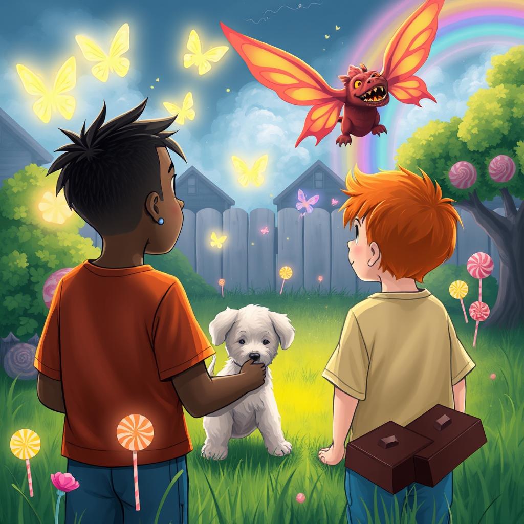 Two 8-year-old boys, one with dark skin and a haircut with sides shaved, and the other a redhead, with a small white dog, looking into a magical backyard