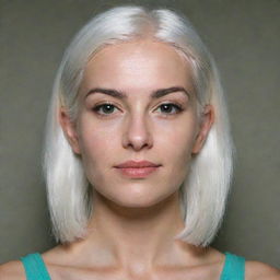 Full-length interior photo of a 30-year-old girl of average build, with white hair, showcasing long square proportional facial features, including a small smooth nose, cheek dimples, bow lips, large black eyebrows, smooth medium green eyes, and swarthy skin