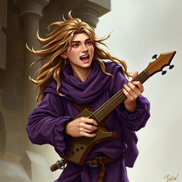 A young adult human male bard from Dungeons & Dragons, wearing purple clothing, playing a musical instrument loudly