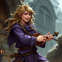 A young adult human male bard from Dungeons & Dragons, wearing purple clothing, playing a musical instrument loudly