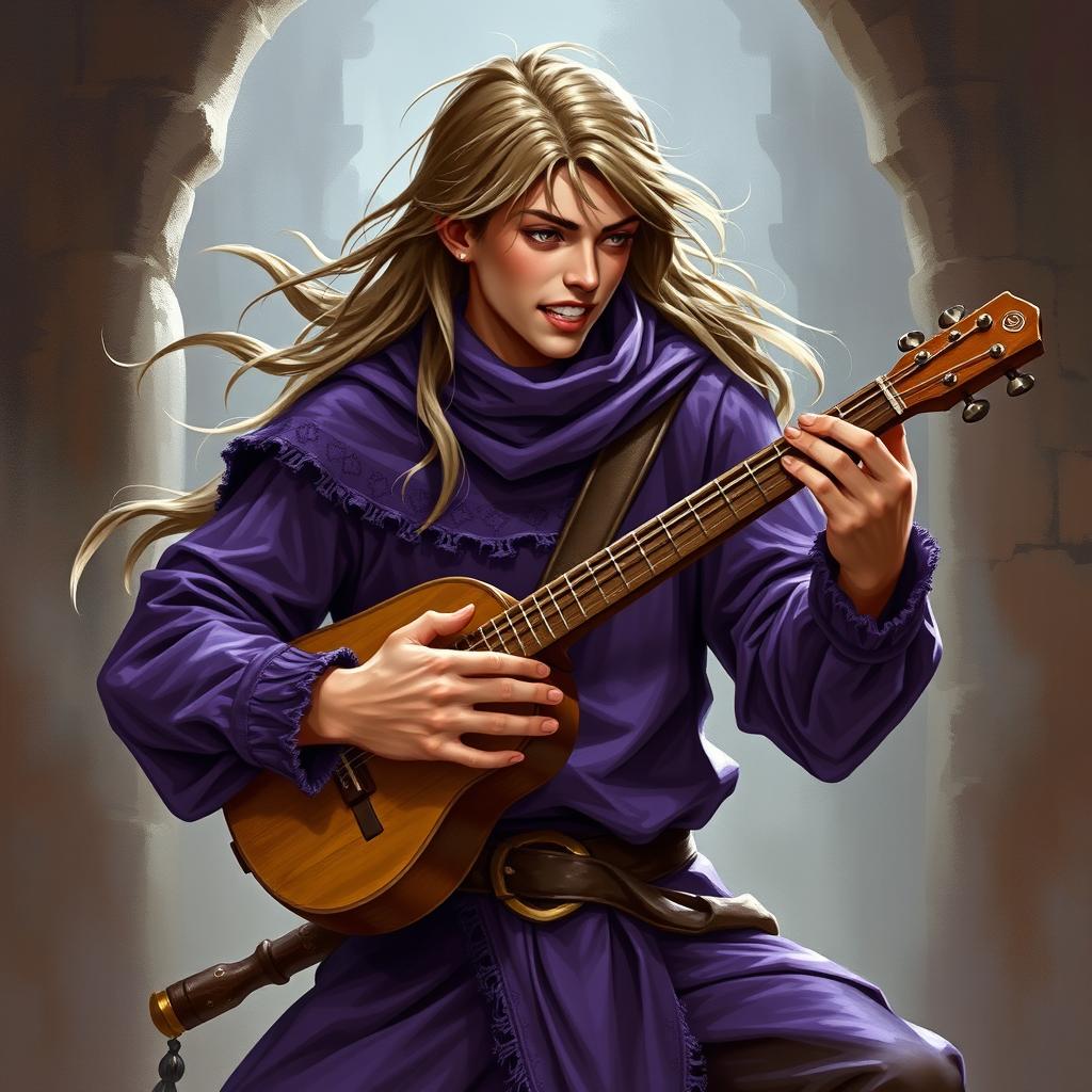 A young adult human male bard from Dungeons & Dragons, wearing purple clothing, playing a musical instrument loudly