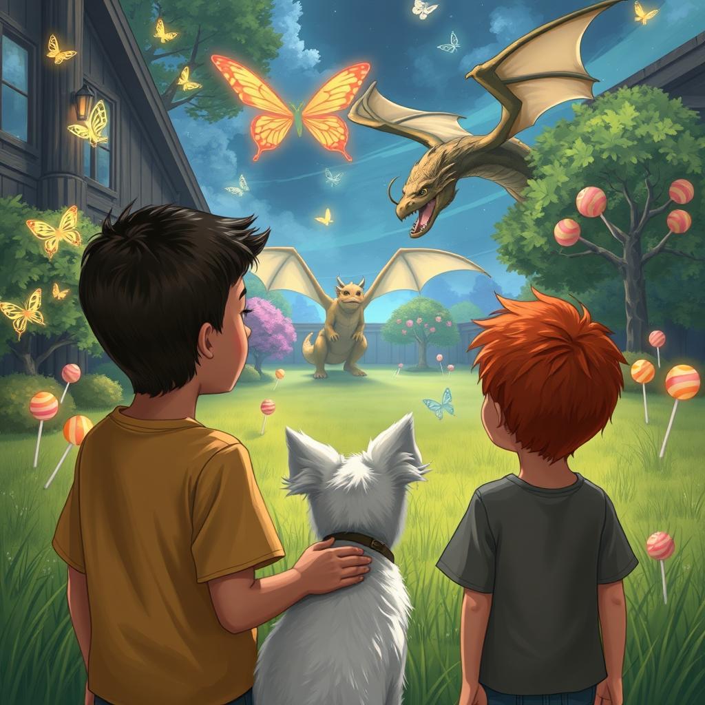 Two 8-year-old boys, one with light brown skin and the other a redhead, with a small white dog, looking into a large magical backyard