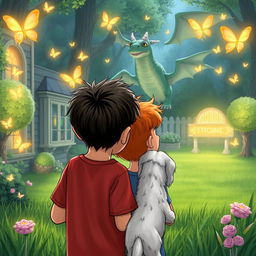 Two 8-year-old boys, one with light brown skin and the other a redhead, with a small white dog, looking into a large magical backyard