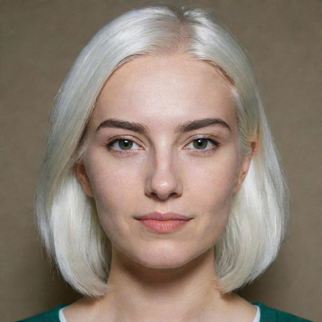 Full-length interior photo of a 30-year-old girl of average build, with white hair, showcasing long square proportional facial features, including a small smooth nose, cheek dimples, bow lips, large black eyebrows, smooth medium green eyes, and swarthy skin