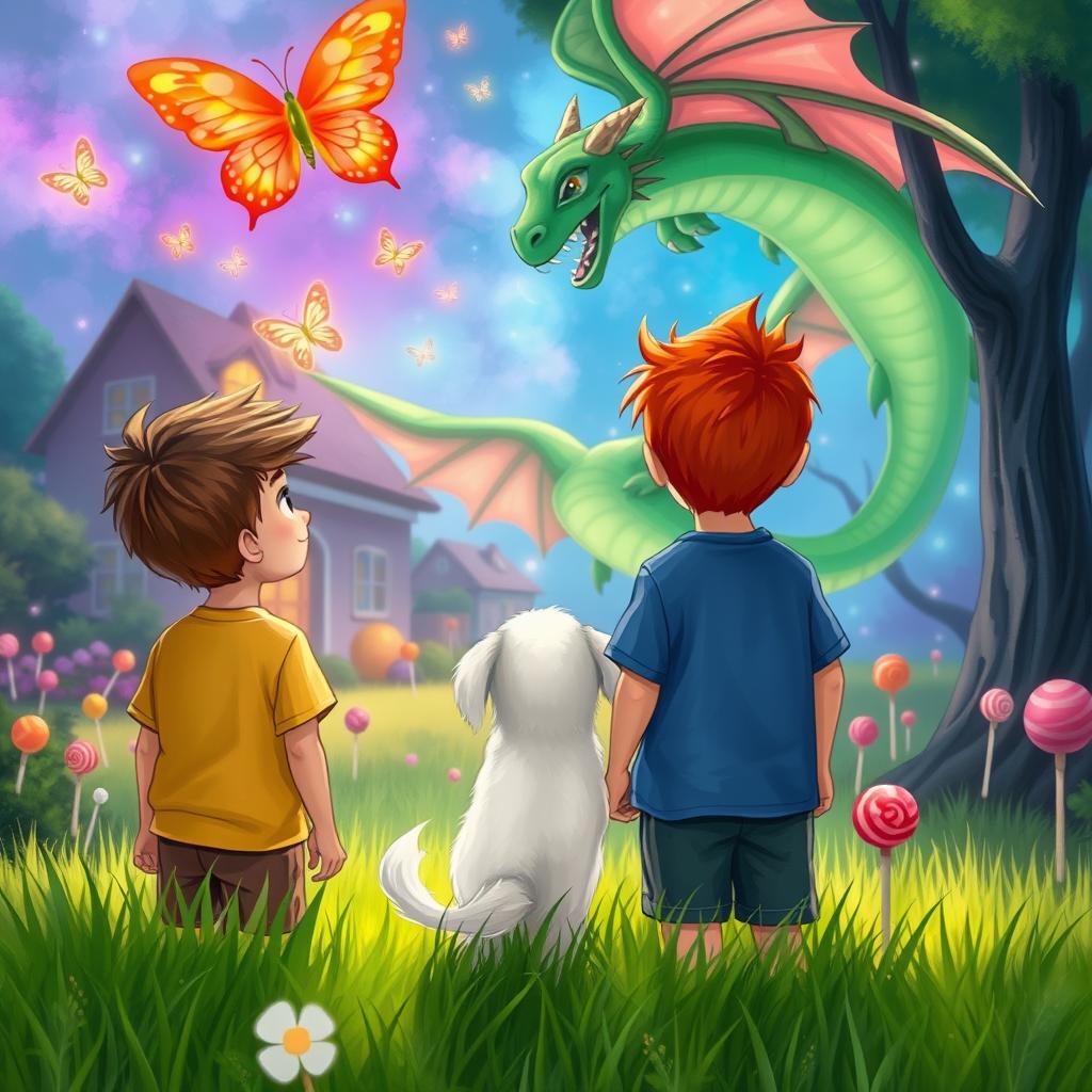 Two 8-year-old boys, one with light brown skin and the other a redhead, with a small white dog, looking into a large magical backyard