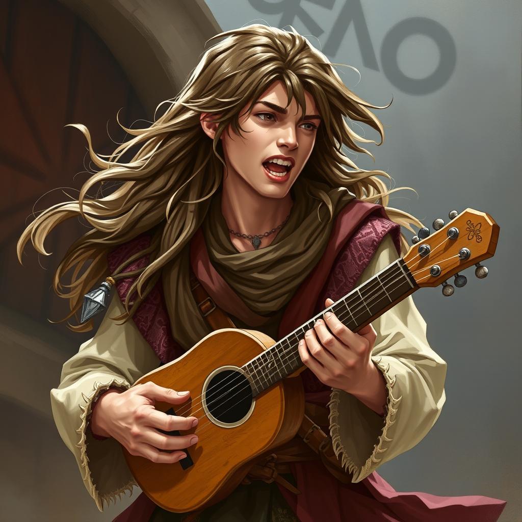 A young adult human male bard from Dungeons & Dragons, playing a musical instrument loudly