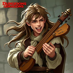 A young adult human male bard from Dungeons & Dragons, playing a musical instrument loudly